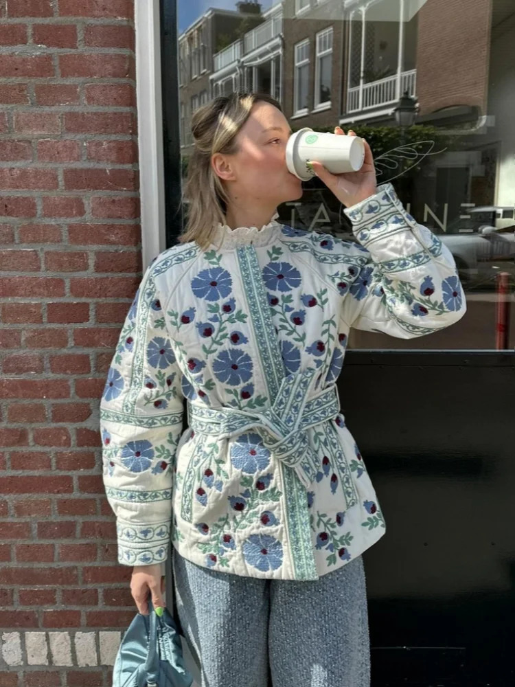 Elegant printed quilted jacket for women ultra-thin O-neck button lantern sleeves with border and coat for women autumn winter womens clothing 240927