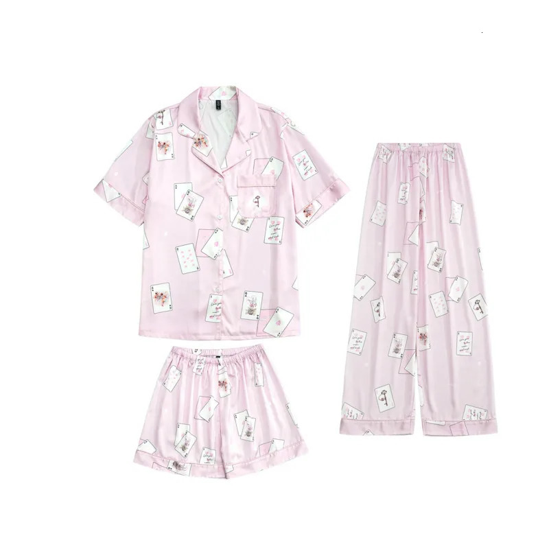 Summer Three piece Ice Silk Pajama Womens Short sleeved Set Pink Poker Ins Style Night Light Cute and Comfortable Casual Clothing 241011