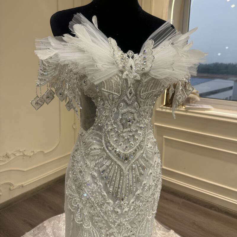 2024 new one-shoulder feather gorgeous heavy handmade beaded fish tail