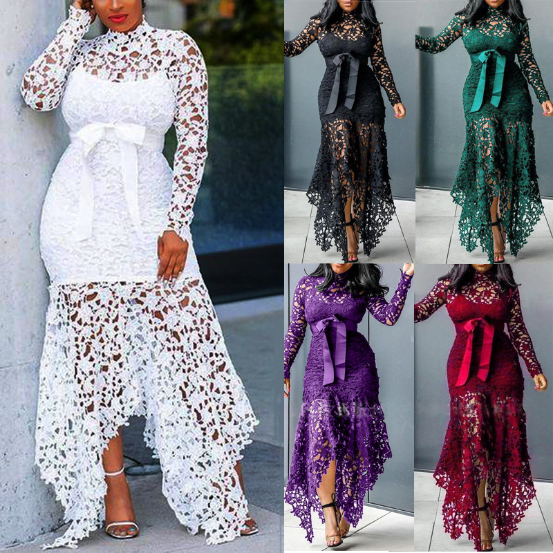 Women Basic & Casual Dresses Lace hollowed out long sleeved stand up collar lace up 5-color irregular dress