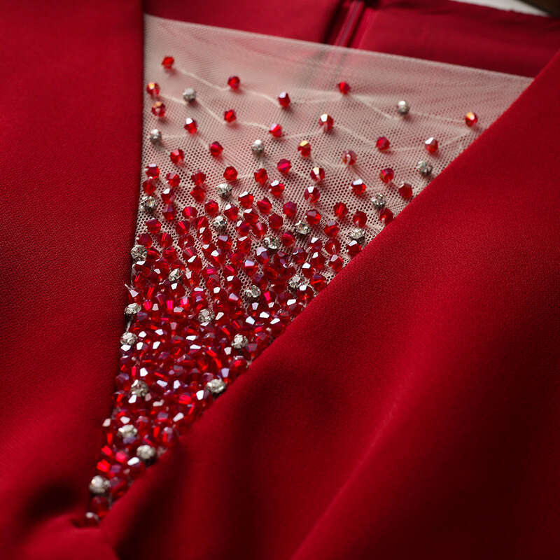 long sleeved dress for women 2024 new high-end party nail bead wine red slim fit mid length fishtail skirt