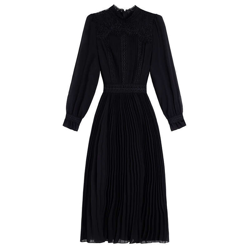 long sleeved dress with waist cinching for slimming 2024 autumn new style French romantic lace mid length pleated skirt