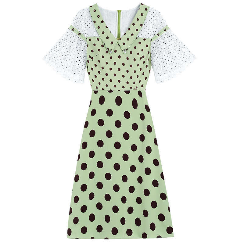 Sweet Summer 2024 New Style Reduced Aging Trumpet Sleeves Lace Polka Dot Slimming A-line Dress for Women