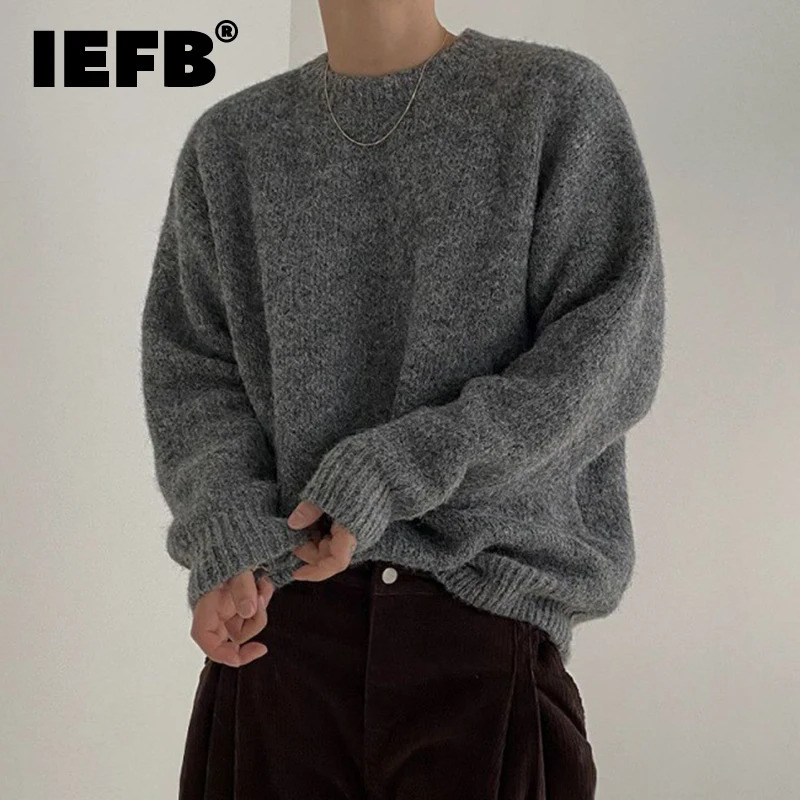 IEFB Mens Knitting Top Casual Loose Round Neck Pullover Sweater Autumn Korean Fashion Male Solid Color Knits 9C2387 241007