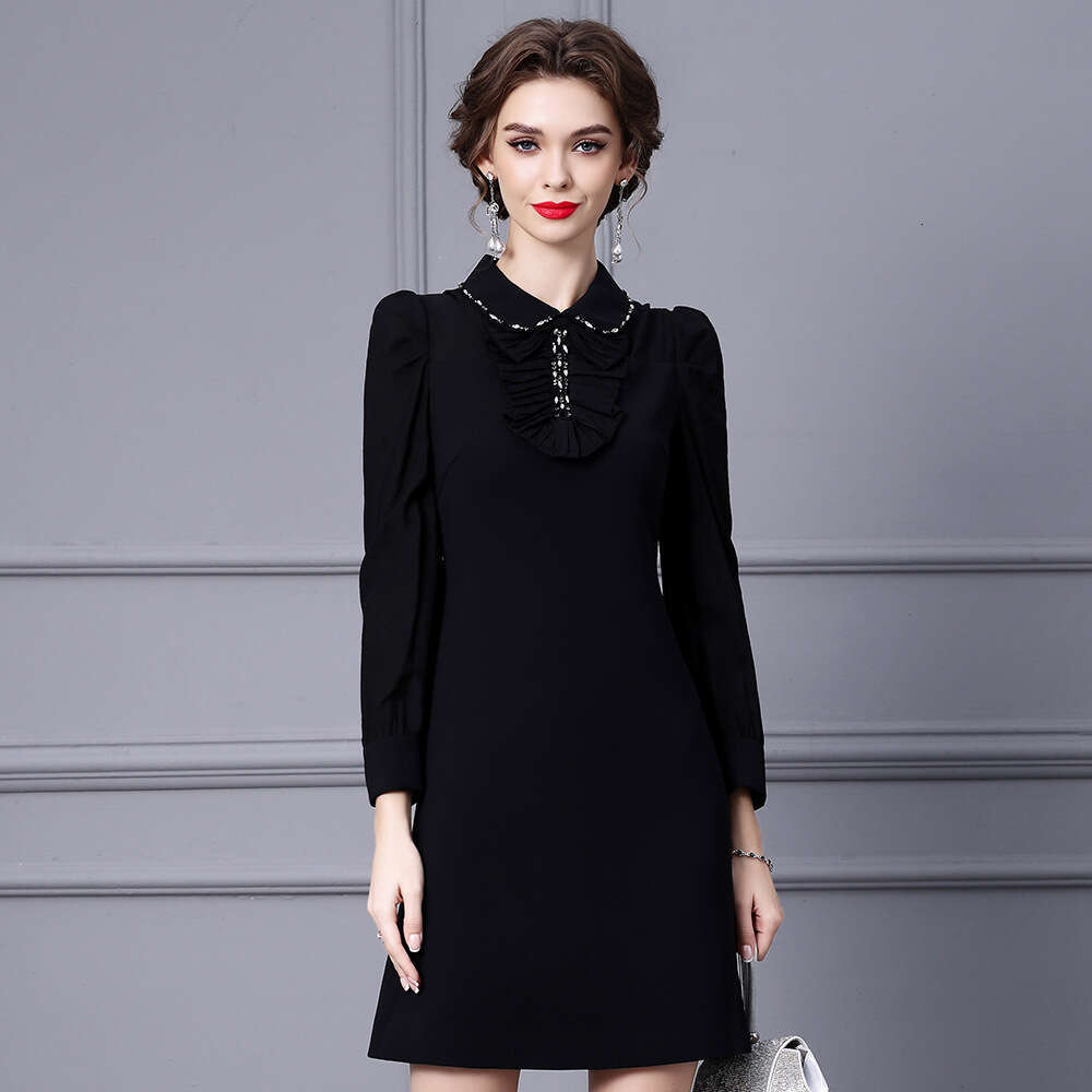 Smart and exquisite dress 2024 autumn new item black doll collar French elegant socialite A-line mid skirt