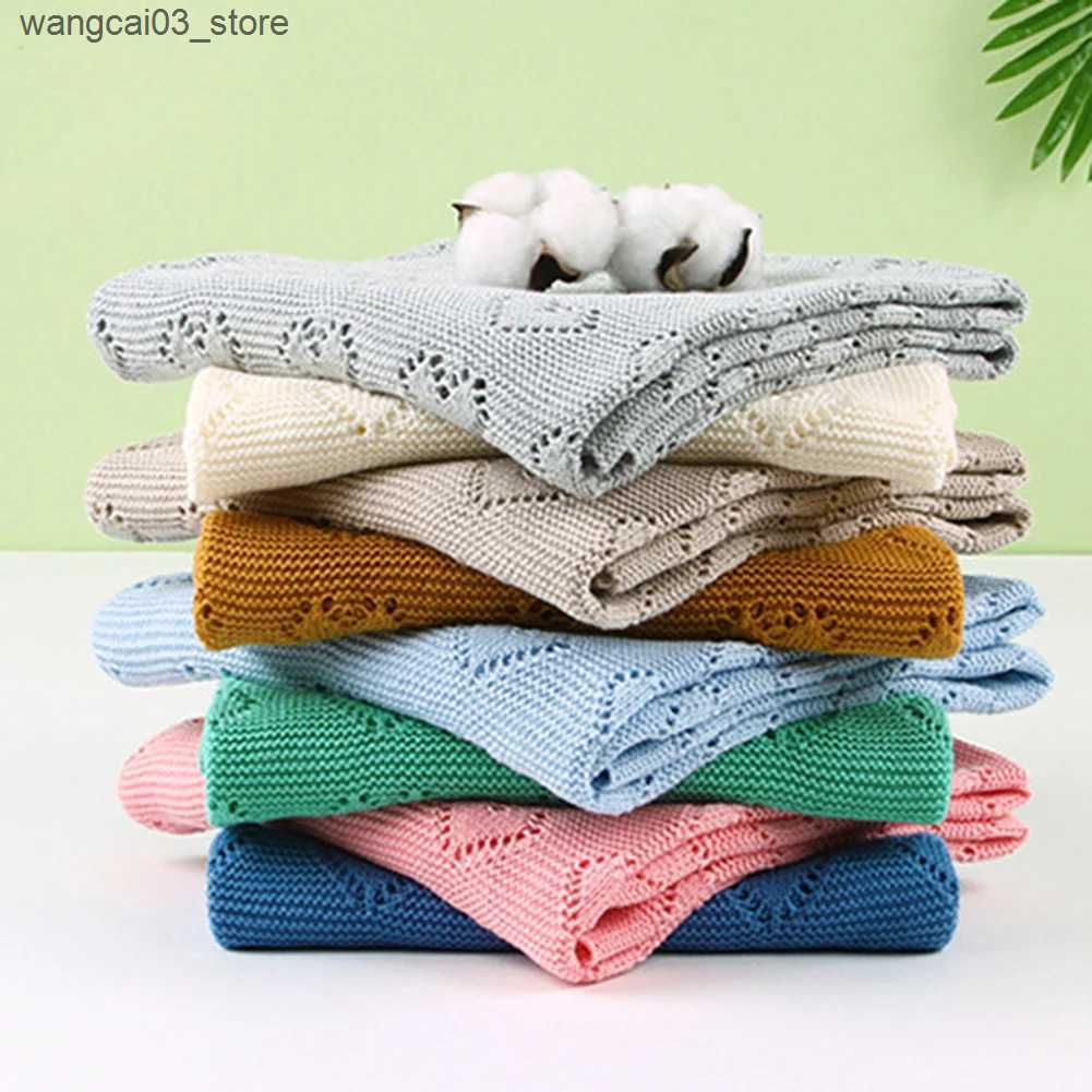 Blankets Swaddling New 100x80cm Solid Color Hollow Heart Knit Baby Blanket Bedding Quilt Swaddle Wrap L240910