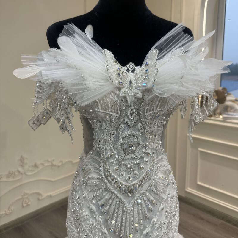 2024 new one-shoulder feather gorgeous heavy handmade beaded fish tail