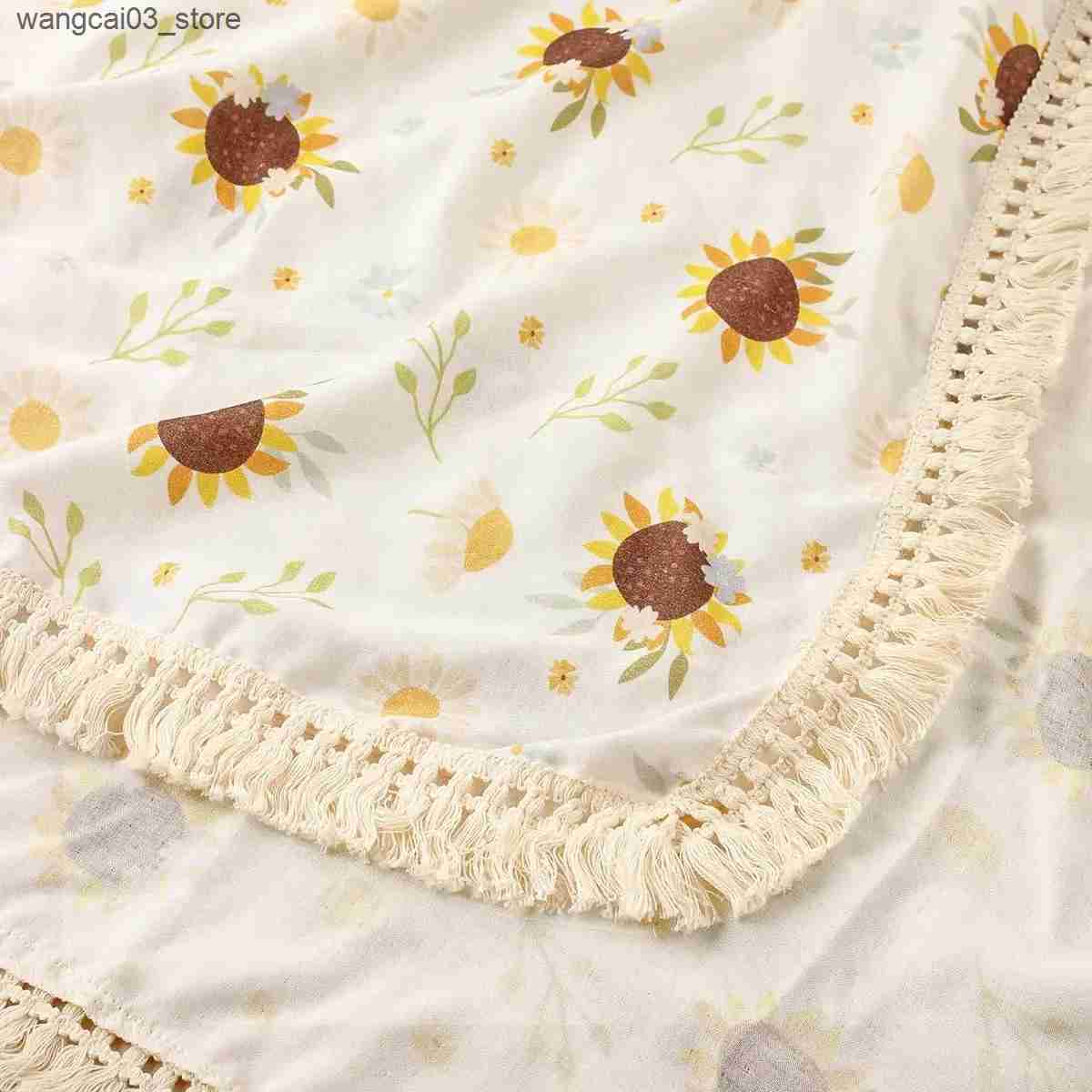 Blankets Swaddling Cotton Muslin Baby Blanket Double Layers Sunflower Gauze Newborn Tassel Swaddle Blanket Wrap Kids Nursery Quilt Bedding L240910