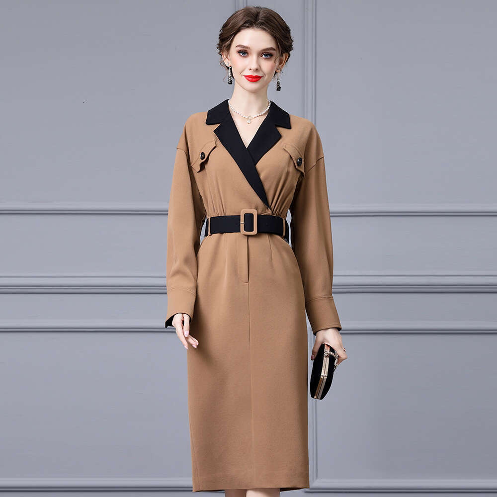 high-end sense contrasting color splicing waist cinching slimming suit collar temperament windbreaker dress 2024 autumn new item