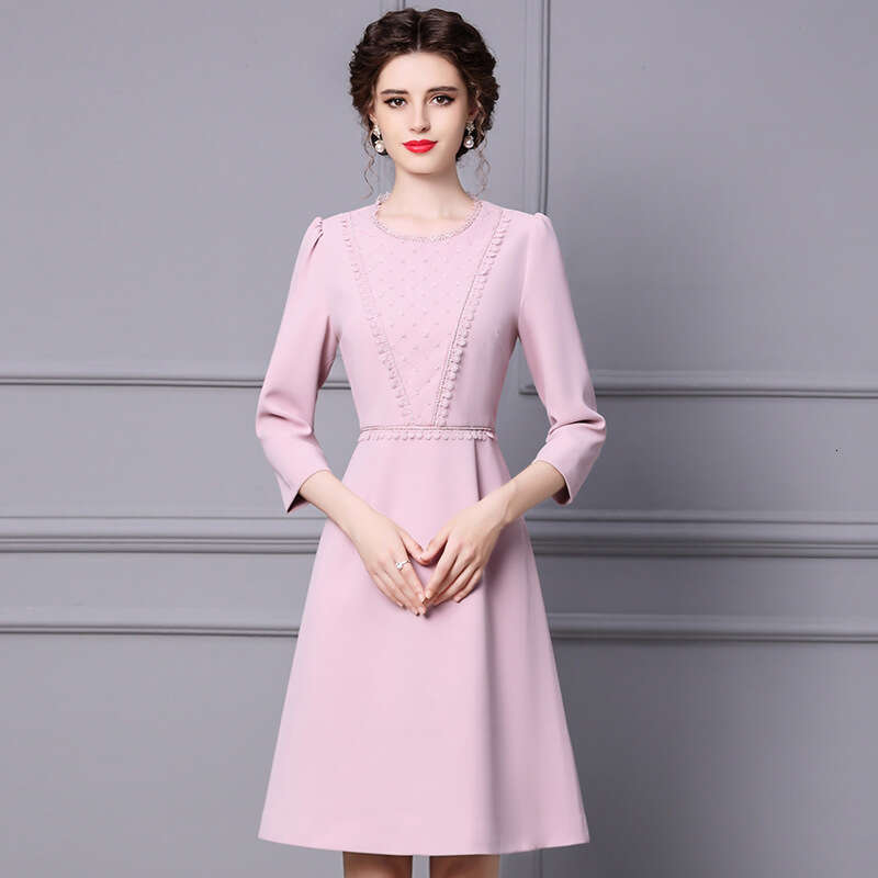 Smart elegant 2024 womens new autumn outfit pink ladylike temperament age reduction waist reduction and slimming A-line dress