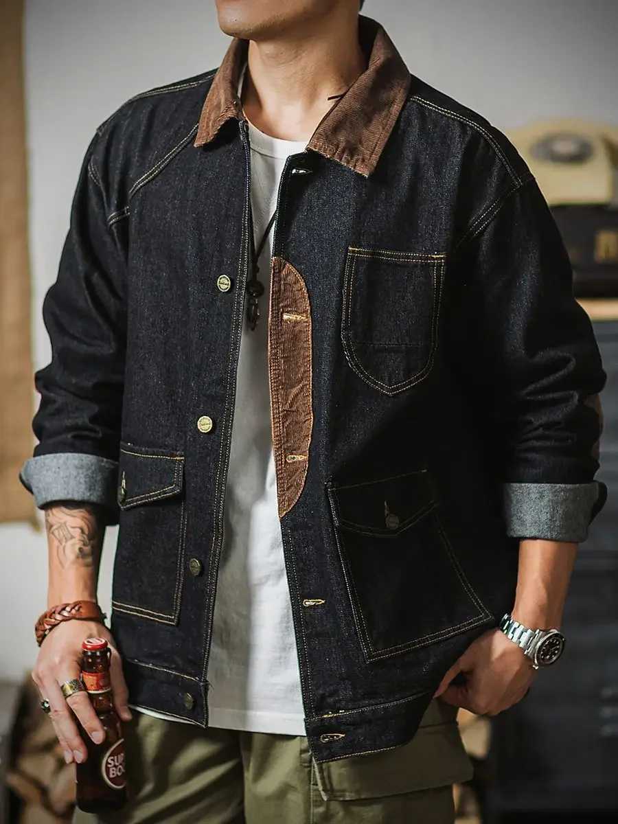 Mens denim jacket autumn patchwork denim jacket mens plus size retro L winter jacket Korean popular clothing original W241011