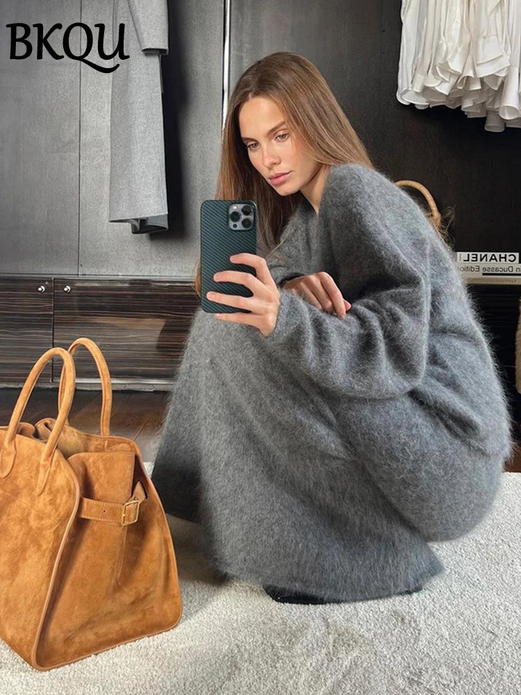 BKQU Elegant Solid Mohair Ski Set Womens Autumn and Winter Knitted V-neck Pullover Sweater Loose Long Skiing Fashion Two piece Set 241011