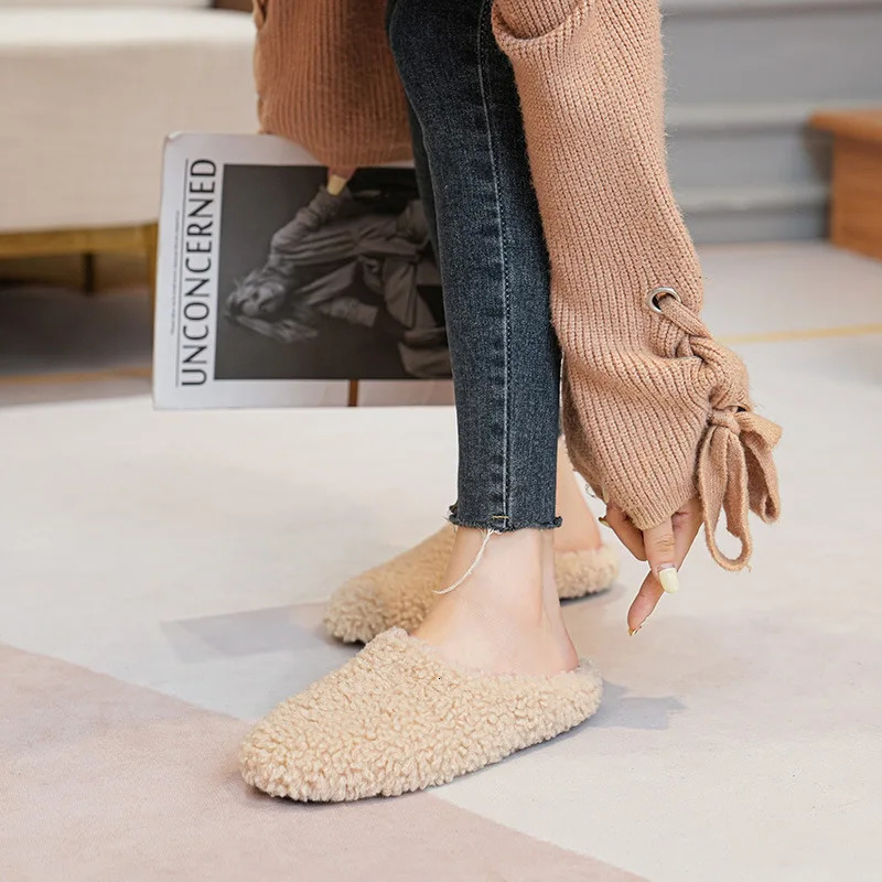 Large size 43 womens Lambswool slider winter wool leather shoes womens flat cotton slider home Pantuflas daily slider donkey 241007