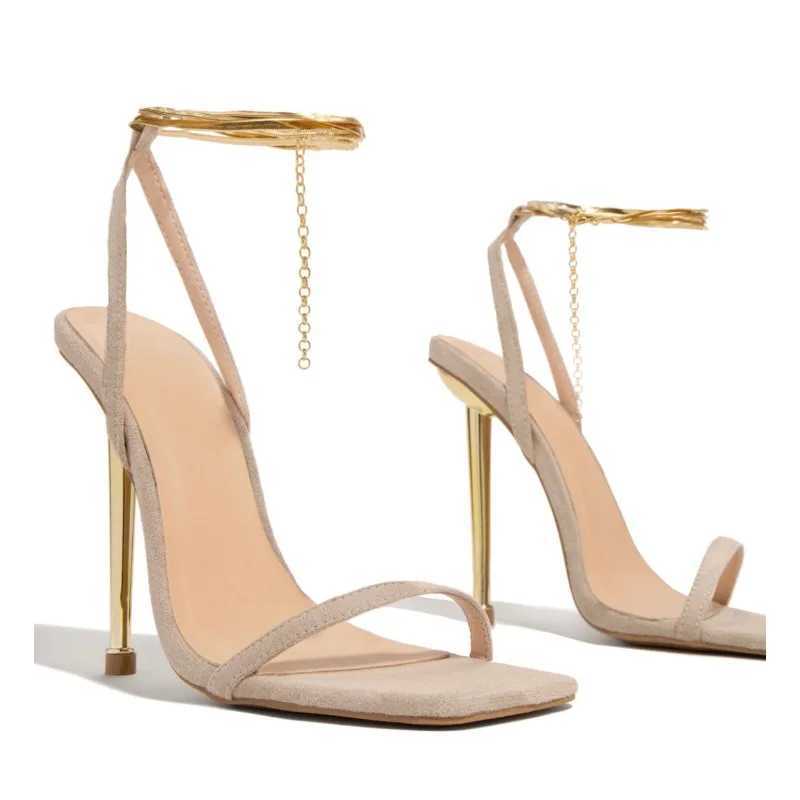 2024 New Hot Fashion Women Sexy Padlock High Heels Sandals Thin Single Strap Metal Stiletto Slippers Gold Heel ShoesC241122