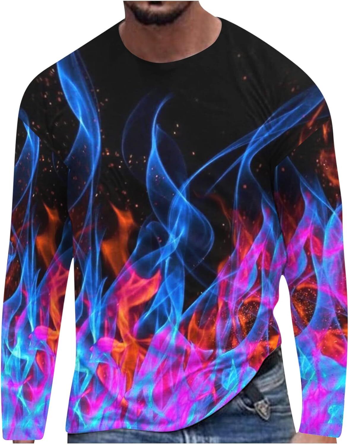 Long Sleeve Shirts for Men sweatshirt Mens Retro Crew Neck Long Sleeve T-Shirt Trendy 3D Flame Printing Blouse Tops Casual Sports Gym Pullover