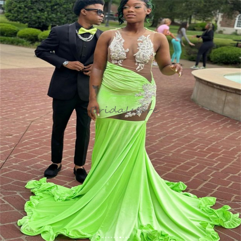 Lime Green Black Girls Prom Dresses 2025 See Through Beaded Appliques Mermaid Evening Dress Elegant Velvet African Birthday Dress vestido de gala noch