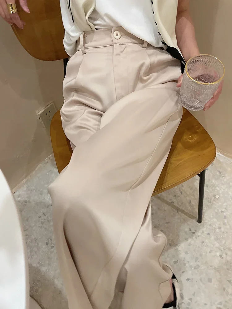 Ice silk Satin Womens Pants Wide Leg High Waist Casual Black Korean Fashion 2024 Spring Summer Suit for Women Trousers 241007