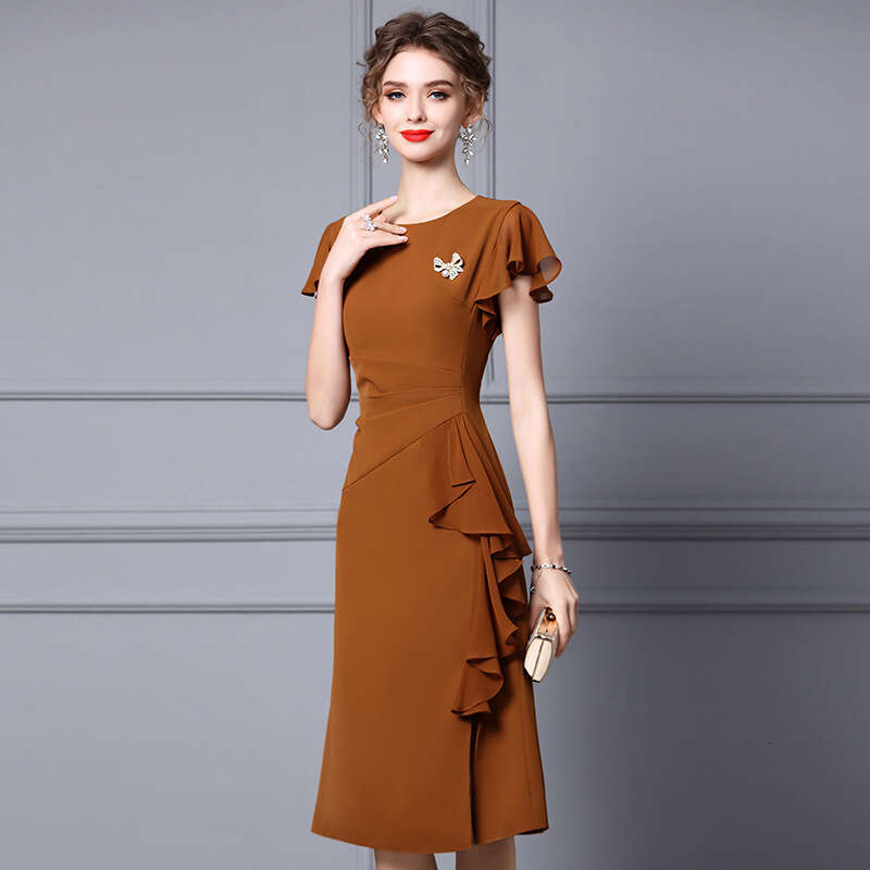 Wine Red 2024 Summer New Mid length Waist Slimming Ruffle Edge Banquet Dress for Women