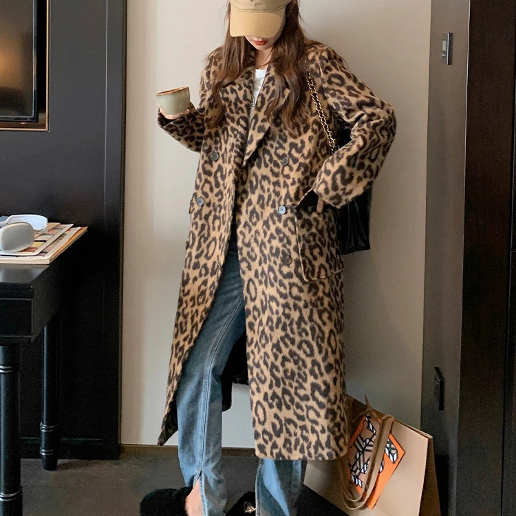 Spring Womens Wool Coat Classic Leopard Pattern Loose Style Long Sleeve Womens Fashion Long Coat Casaco Feminino 241007