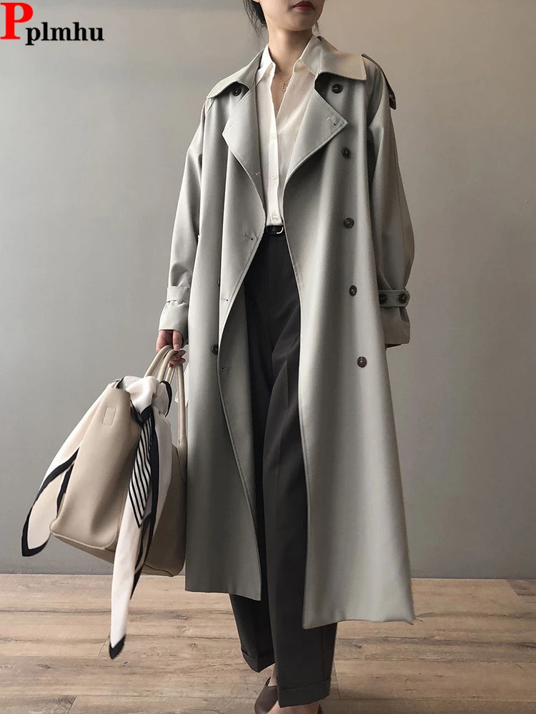 Classic Grey Long Belt Trench Coats Women Korean Double Breasted Gabardina Jackets Streetwear Windbreaker Abrigos Spring Casacos 241008