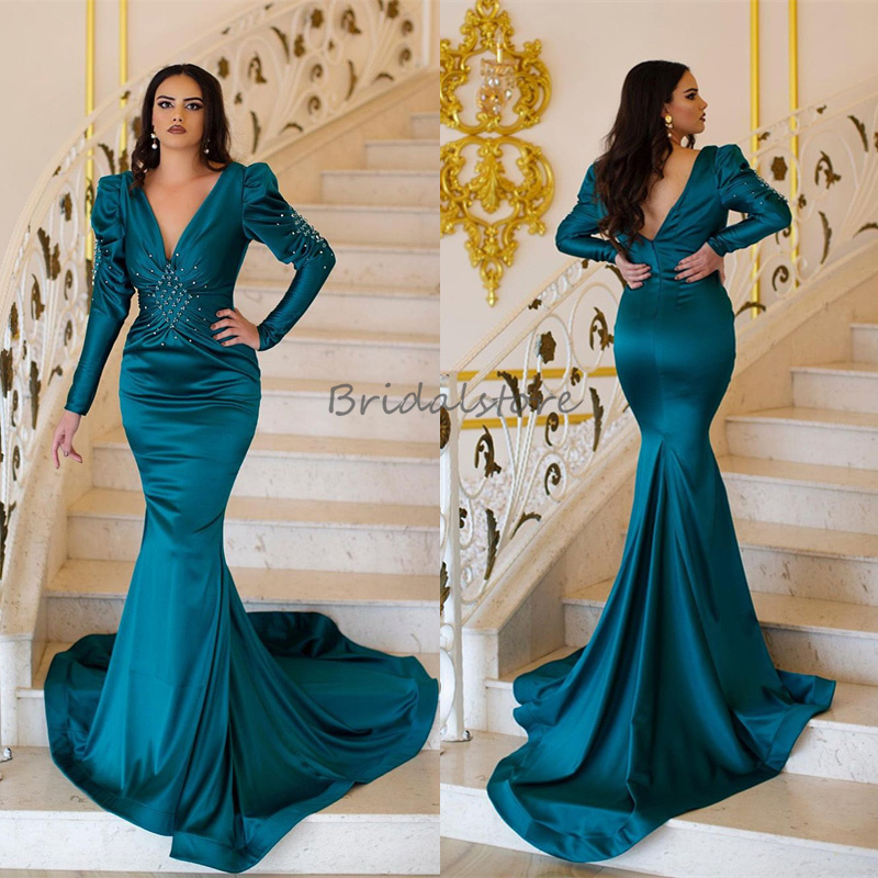 Vintage Teal Blue Mermaid Prom Dresses With Beaded V Neck Elegant Long Sleeve Evening Gowns Backless Sweep Train Satin Night Formal Party Dress Vestio
