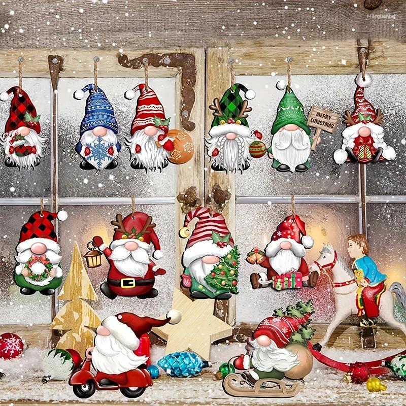 Christmas Tree Ornaments Wooden Gnome Hanging Decorations, Santa Elf Crafts Xmas Party Supplies, Set of 3