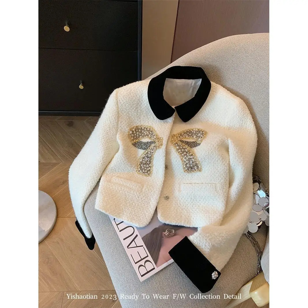 High Quality Diamonds Beading Woolen Tweed Jackets for Women French Elegant Short Coat Sweet Girls Fashion Fried Street Outwear 241011
