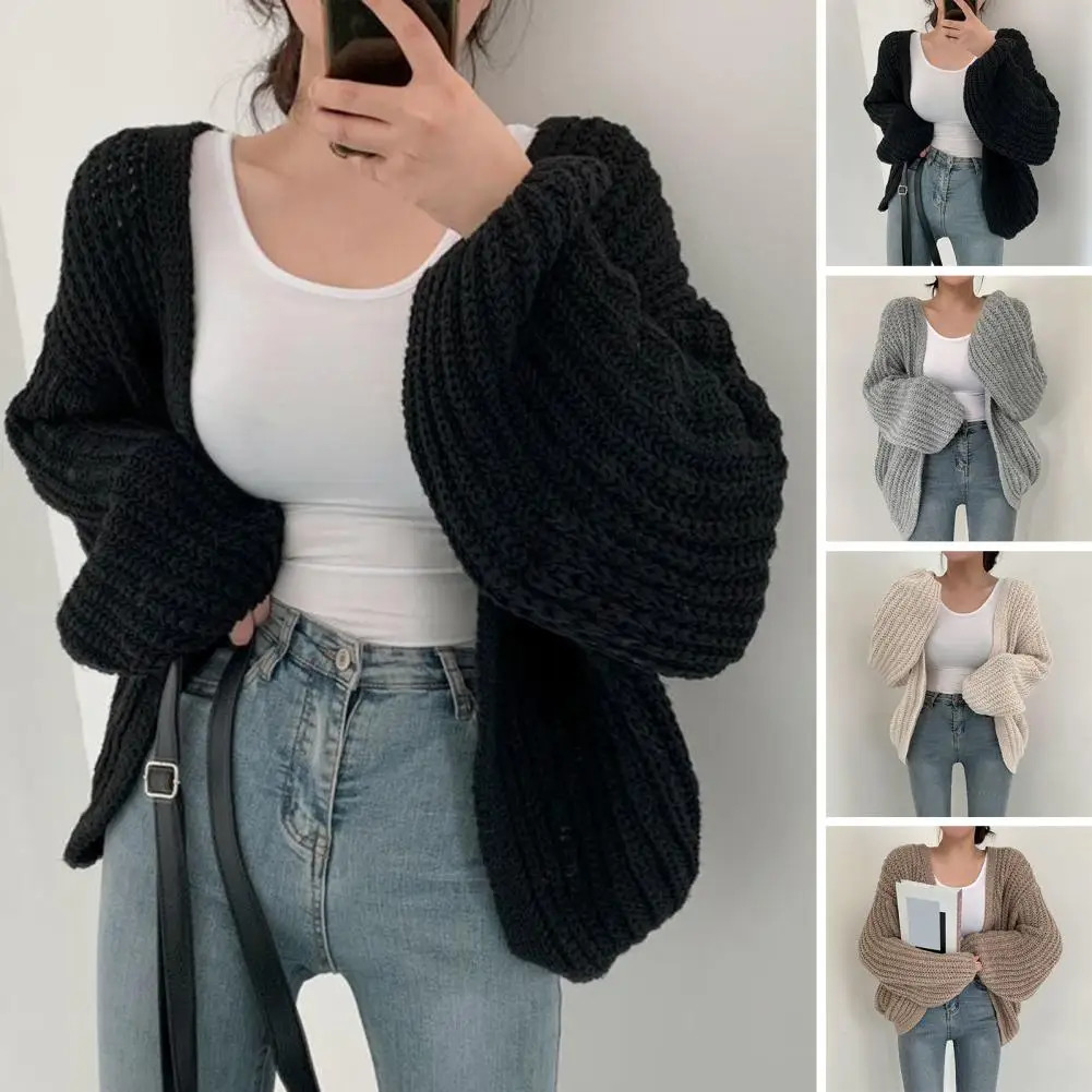 Womens sweater jacket V-neck lantern long sleeved open stitch knitted jacket solid color casual knitted cardigan 241011