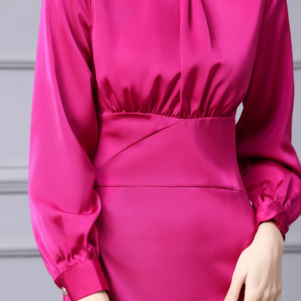 Smart intellectual elegant style 2024 autumn new item high-end feeling rose red temperament waist cinching and slimming long sleeved dress