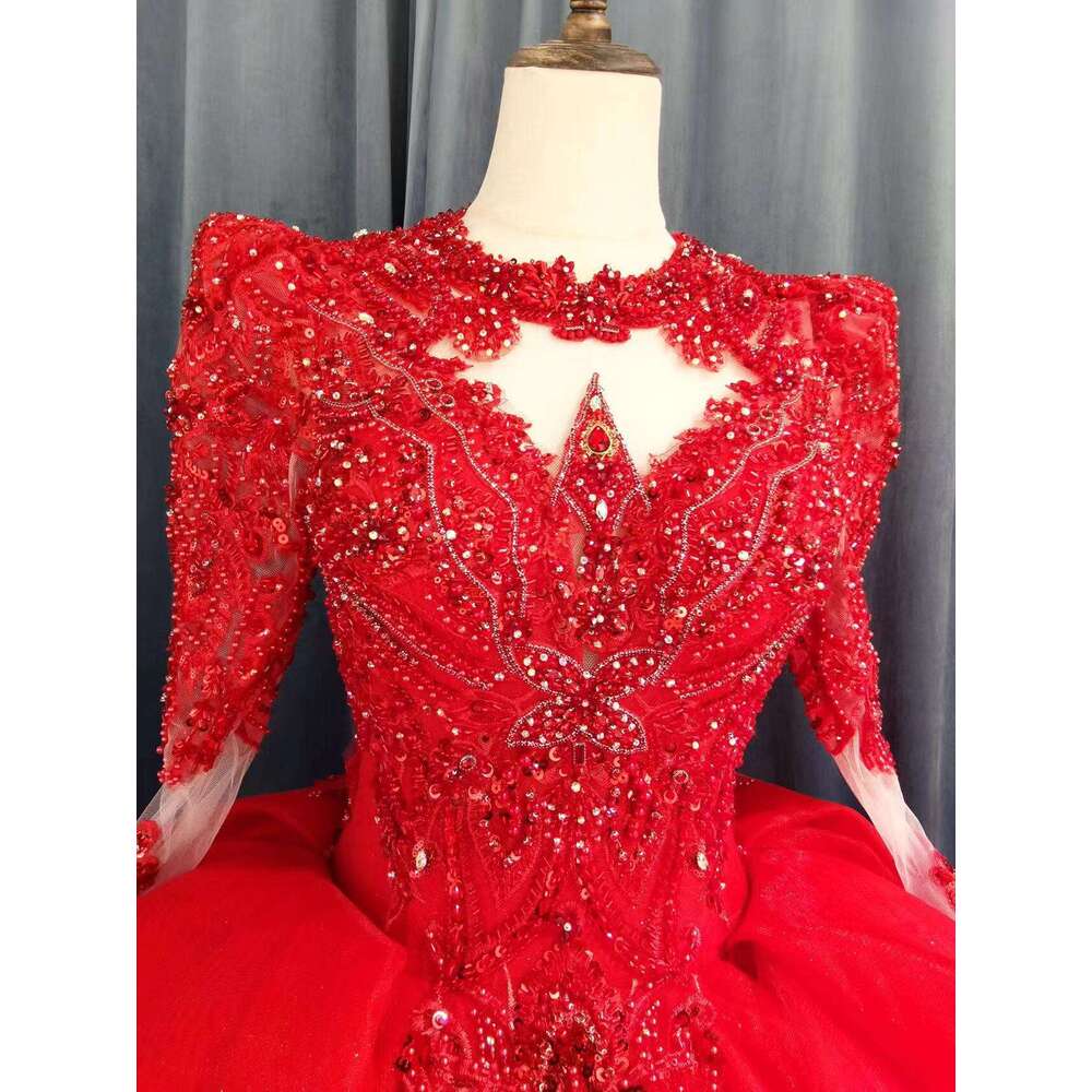 kisswhite Green Collection red lace long sleeves Crystals Ball Gown with train Bridal dresses
