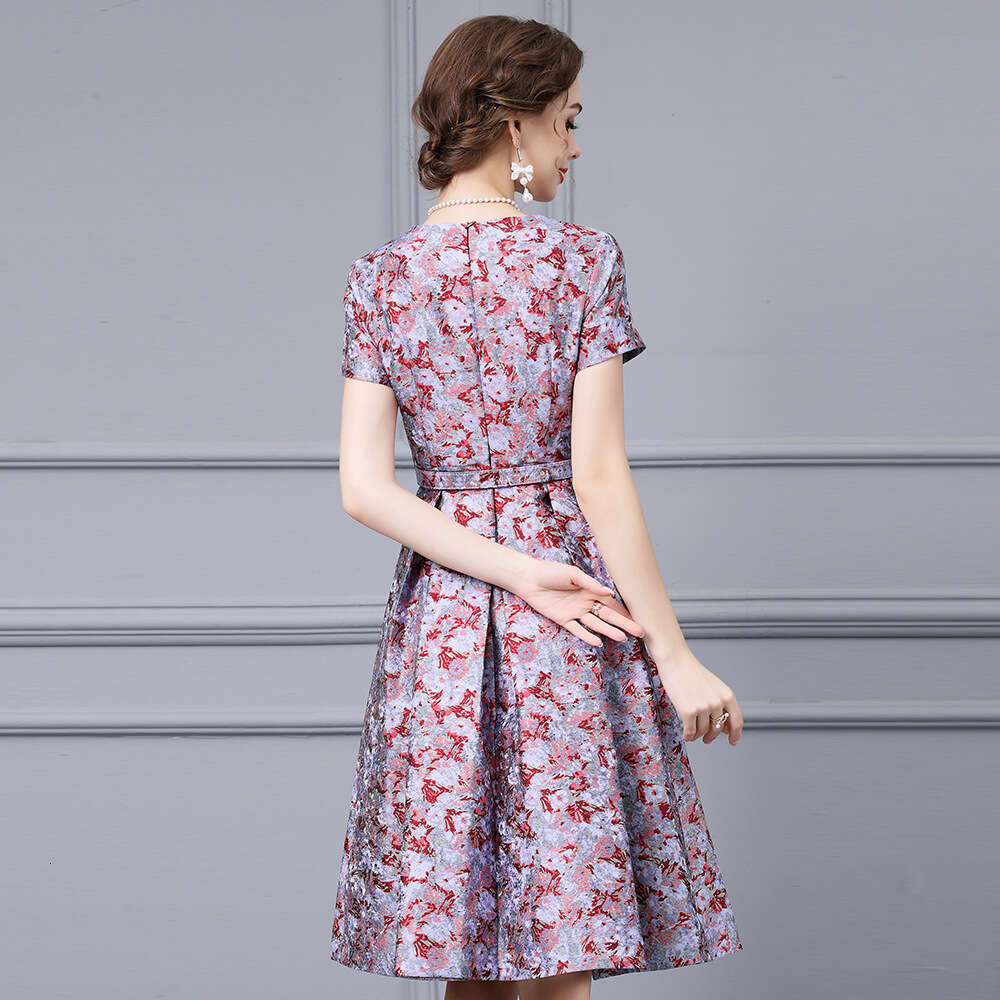 French elegant temperament V-neck jacquard fabric waist cinching slimming A-line printed dress 2024 autumn new item