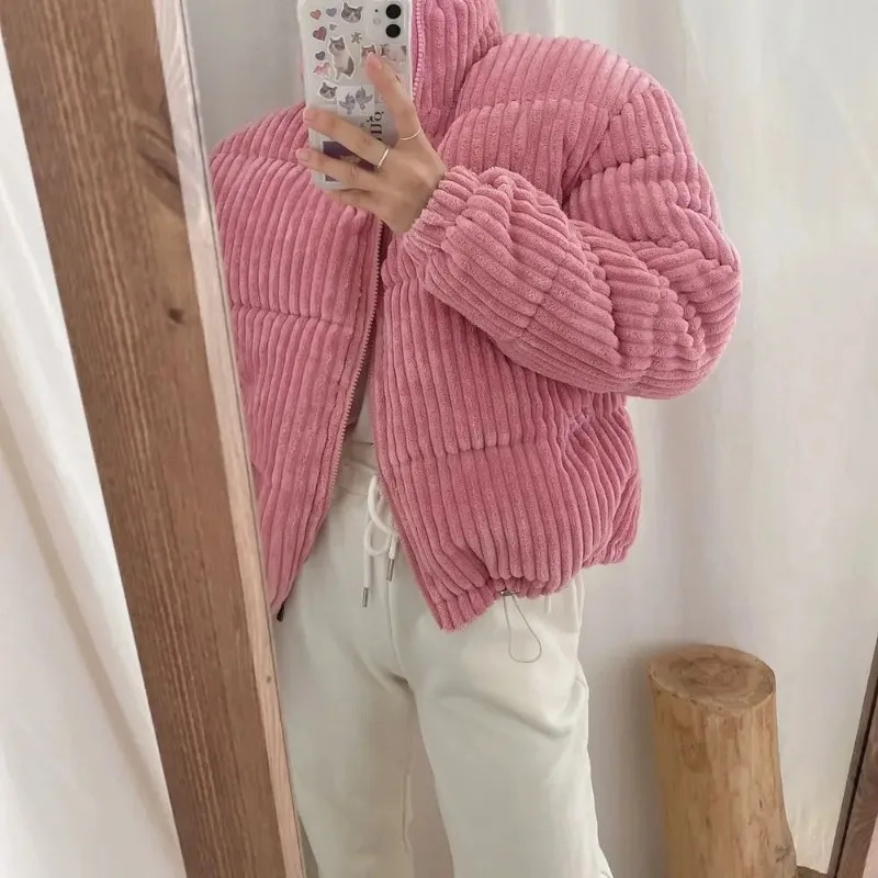 Winter Crop Corduroy Jacket Women Korean Chic Fashion Parka Femme Thick Warm Bubble Coats Cotton Parkas 240930