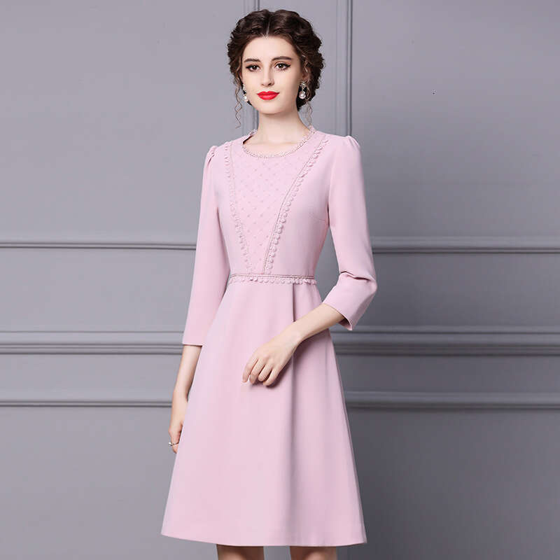 Smart elegant 2024 womens new autumn outfit pink ladylike temperament age reduction waist reduction and slimming A-line dress