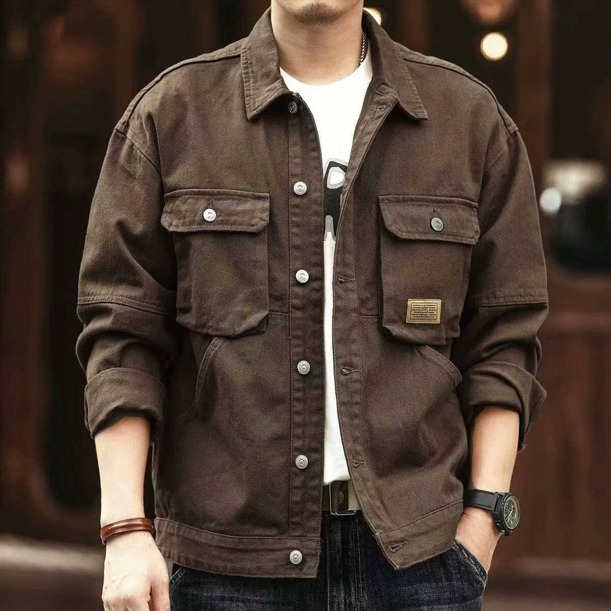 Mens denim jacket cargo button plus size brown denim jacket mens style wearing Korean popular clothing lowest price W241011