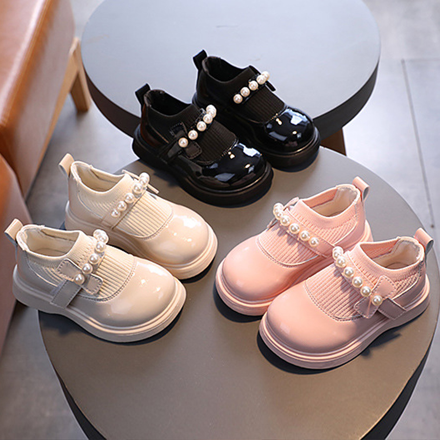 Children's Girl Baby Leather Shoes Pearl Beaded Fashion Princess Round Toe Heightening Cutefeet Casual Comfortable Student Shoes Sizes 21-30