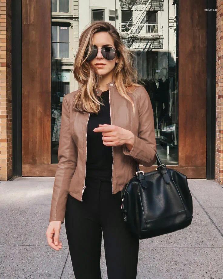 Womens Leather Faux Women PU Small Suits Zipper Moto Solid Fashion Jacket Female Casual Street Slim Elegant Short Cloth