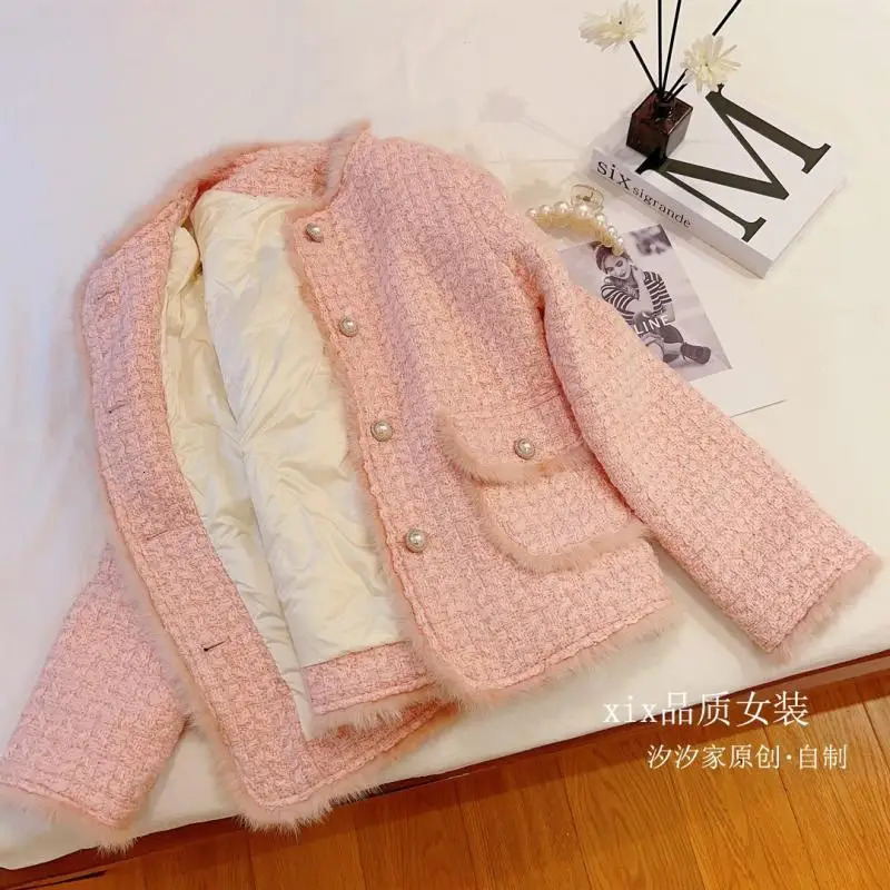 Down Jacket Womens Winter Mink Fur Stitching Thickening White Duck Liner Tweed Coat 241011