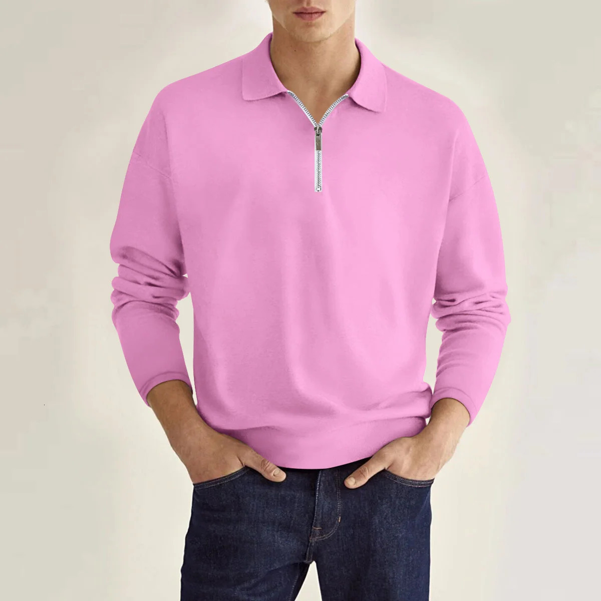 Spring and Autumn Classic Mens Daily Casual Preppy Style Solid Color Zipper Decorated Loose Lapel Long-Sleeved POLO Shirt 241010