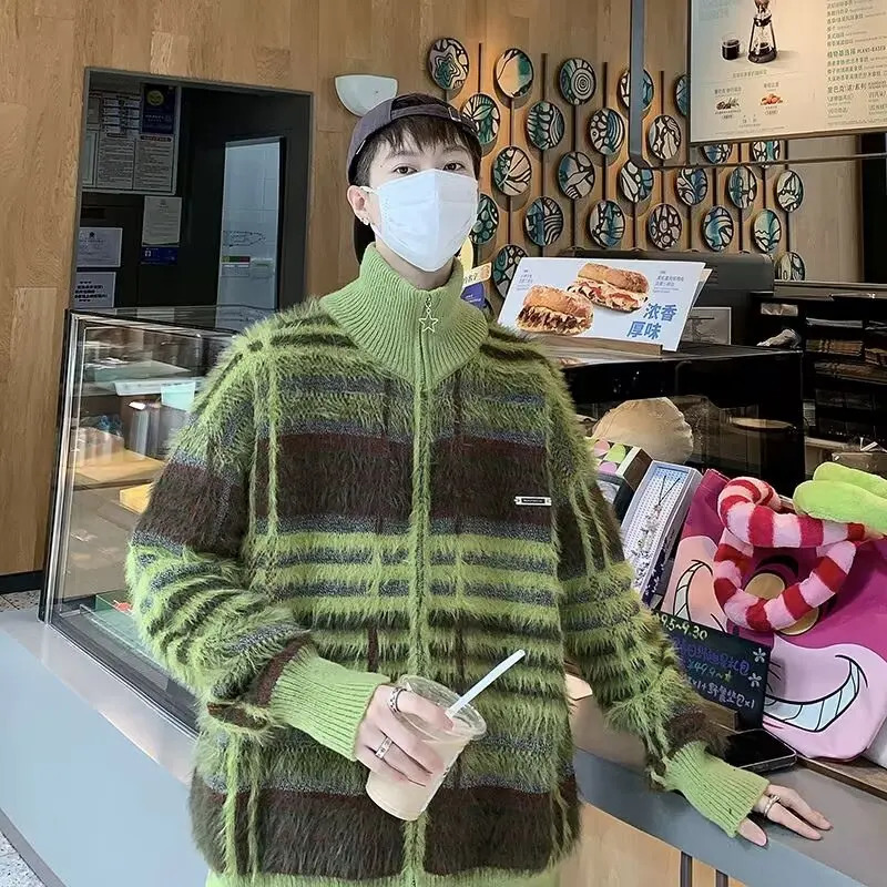 Mens striped cardigan sweater retro casual button knit Korean fashion street bag Y2K sweater cardigan jacket 241007