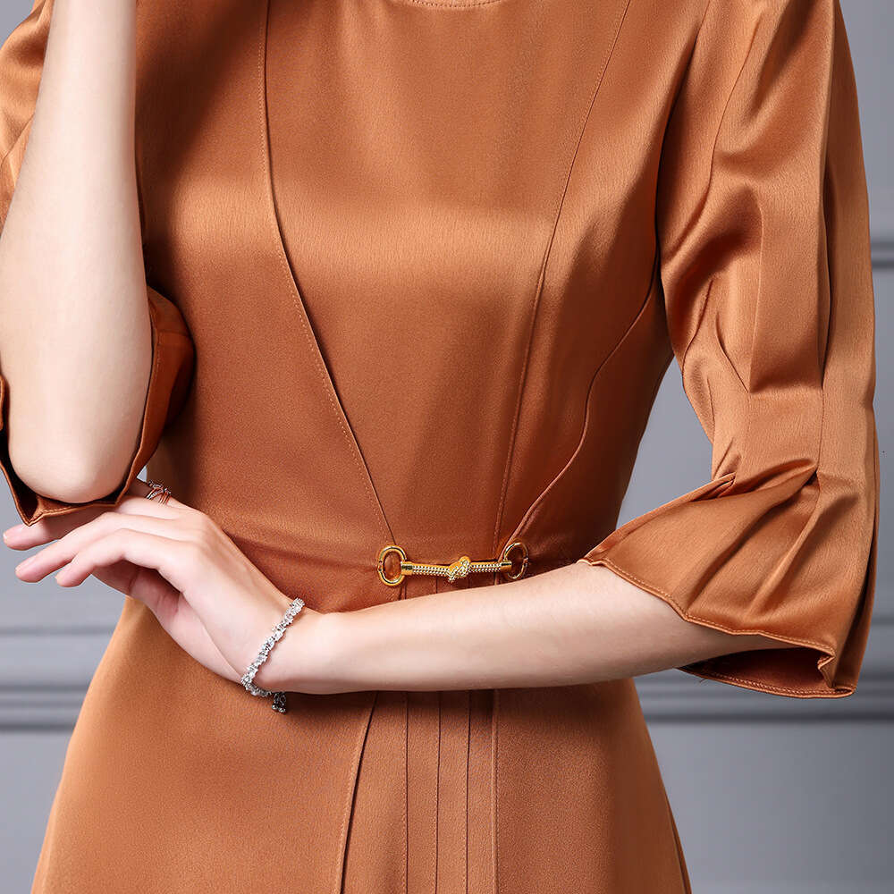 chic exquisite acetic acid dress high waist and slim flared sleeves A-line skirt with high-end feel autumn 2024 new product