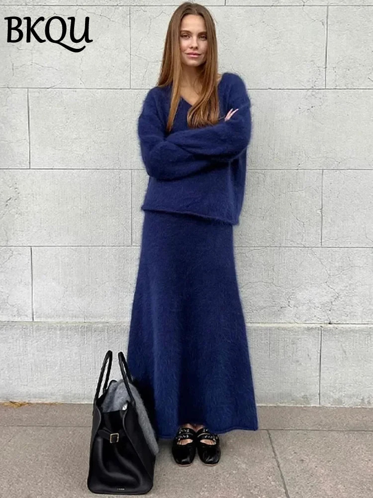 BKQU Elegant Solid Mohair Ski Set Womens Autumn and Winter Knitted V-neck Pullover Sweater Loose Long Skiing Fashion Two piece Set 241011