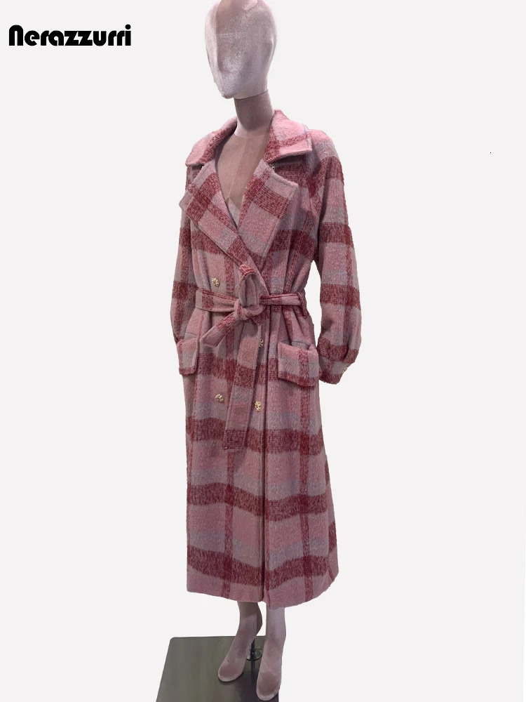 Nerazzurri Autumn Winter Long Oversized Colorful Thick Warm Soft Plaid Woolen Coat Women Double Breasted Wool blends Overcoat 240930