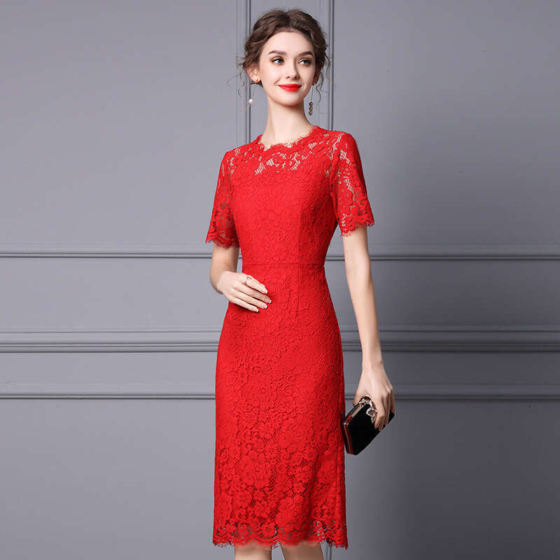 Red Dress Spring/Summer New Collection 2024 Evening Banquet Gentle Style Short Sleeve Lace Medium Length Skirt