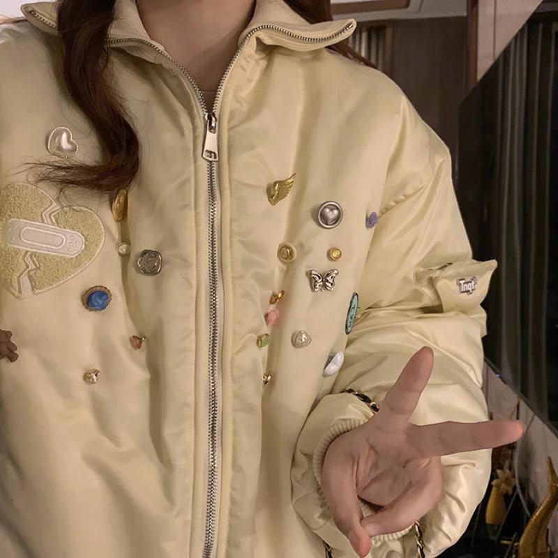 Beige womens clothing jacket top and bottom jacket fashionable streetwear Y2K style American high school winter womens jacket 241009