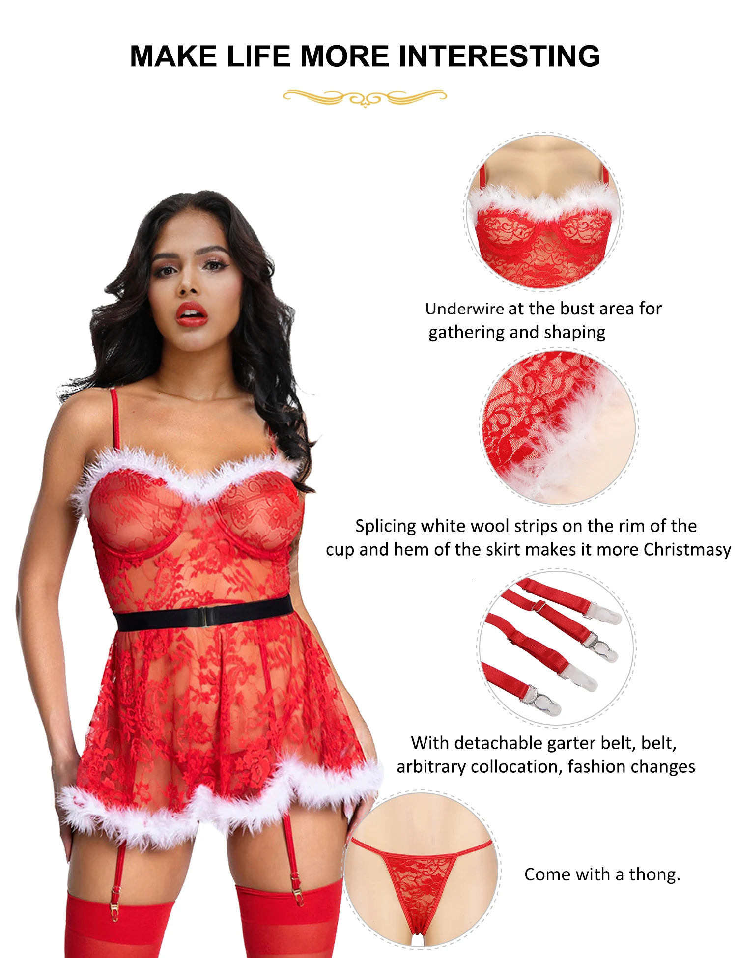 Ohyehlady Womens Christmas Eve Dress Red Lace Transparent Babydoll Sexy Underwear with Strap 241010