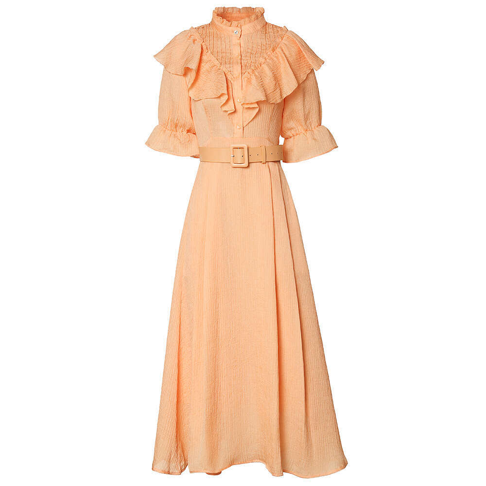 Ear Edge Stand up Collar Dress Autumn 2024 New Style High Grade Temperament Bundle Belt Long Skirt
