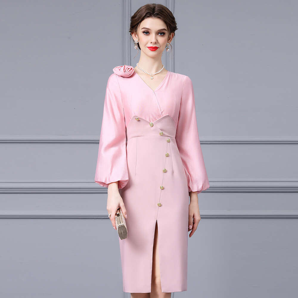 pink high-end socialite temperament dress 2024 new autumn patchwork high waist exquisite slit hip skirt