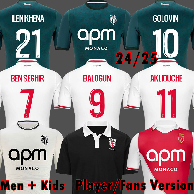 2024 2025 AS Monaco Black Centenary Soccer Jerseys MINAMINO GOLOVIN 24 25 maillot de foot BALOGUN Flocage Men Kids 100 Years Football Shirts AKLIOUCHE BEN SEGHIR