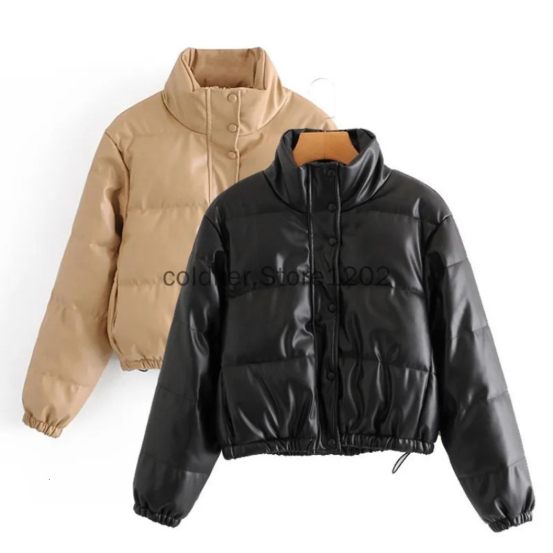 Winter Coat Female PU Leather Short Parkas Fashion Black Cotton Padded Lady Down Jacket Elegant Zipper Clothes 240930