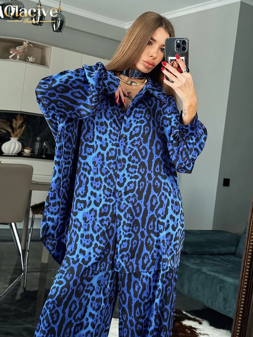 Clacive Fashion loose print womens two-piece dress elegant lapel long sleeved shirt high waisted pants set womens clothing 241010